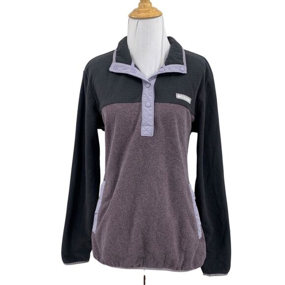 Columbia Sweatshirt Womens L Large Gray Purple Fleece Snap Buttons Pullover - Picture 1 of 13